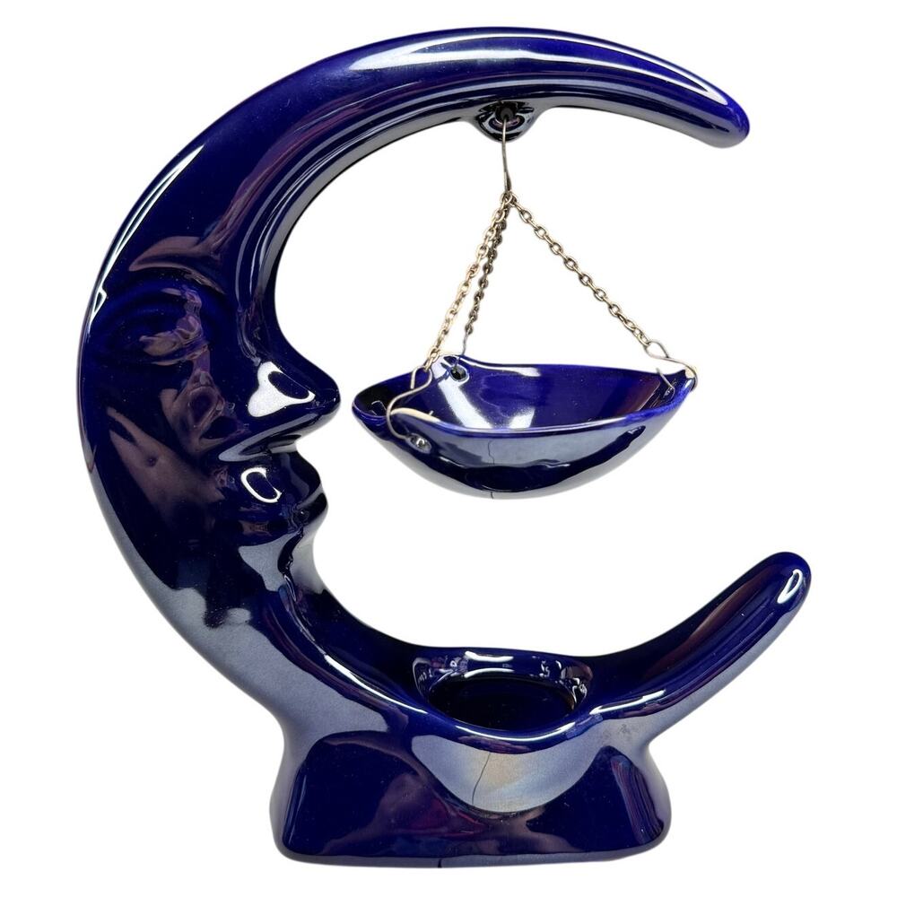 Vintage Cobalt Blue Crescent Moon Oil Warmer Ceramic Whimsygoth Celestial Decor